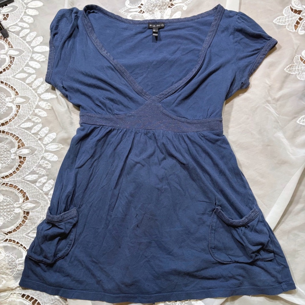 Y2K Babydoll Fang Blue V-Neck Empire Waist Top with Pockets Distressed Size L